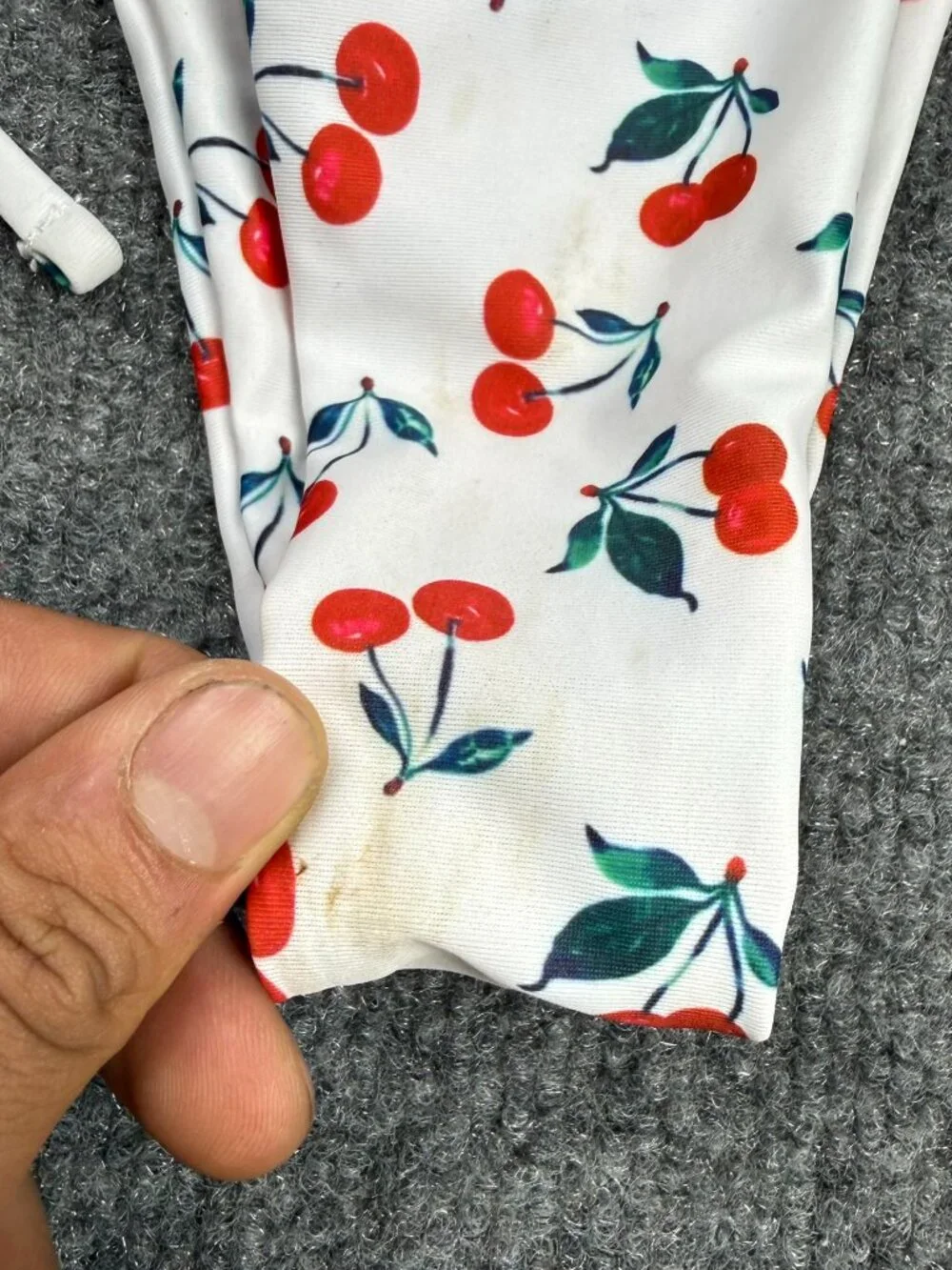 Women's Cherry Print Bikini Bottom Size S White Red Tie Side Cheeky Thong Stain